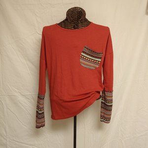 POGTMM Women's Fall Long Sleeve Patchwork Tee with Thumb Holes in Orange